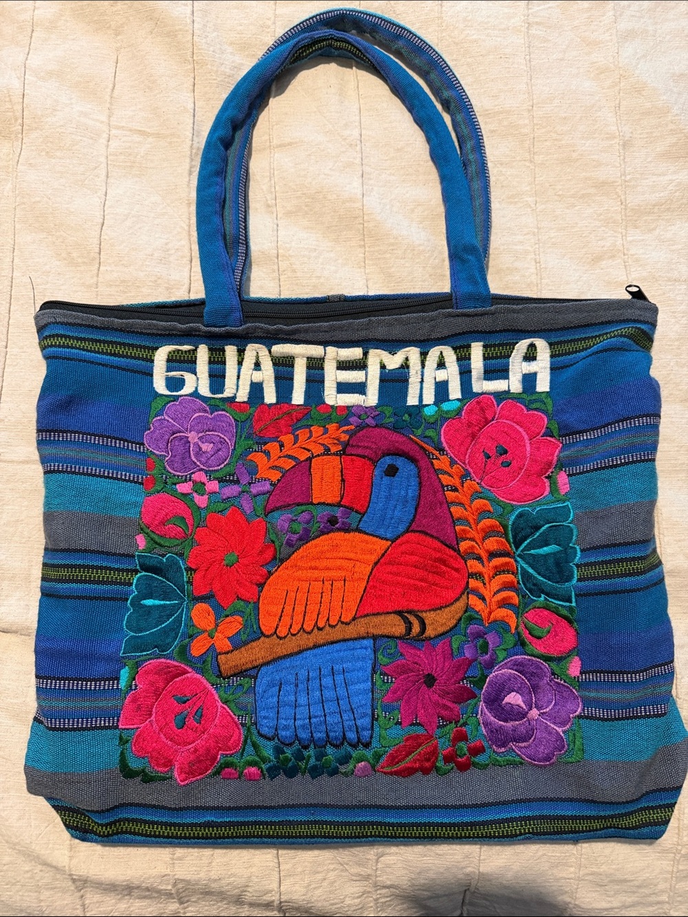 Guatemala Blue Embroidered Tote Bag with Colorful Toucan